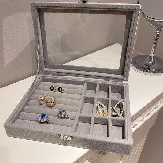 Gray Velvet Glass Jewelry Box